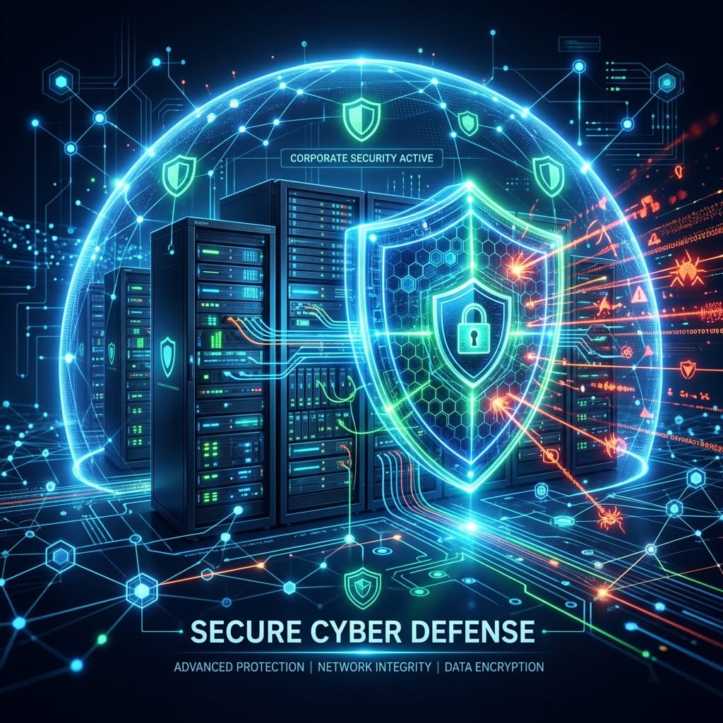 Cybersecurity corporate active shield and modern database servers illustration