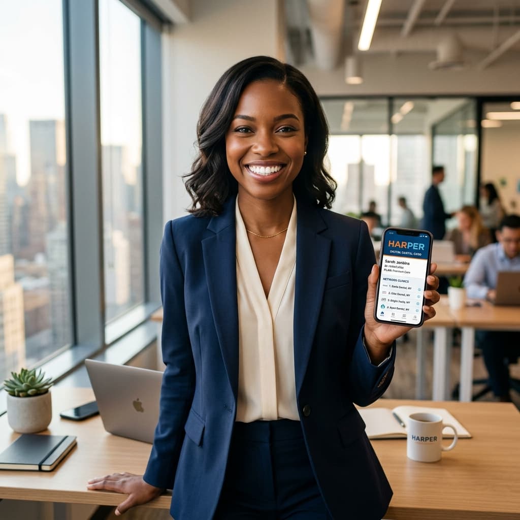 Colaboradora sorridente no escritório consultando a carteirinha digital de plano odontológico da Harper no smartphone