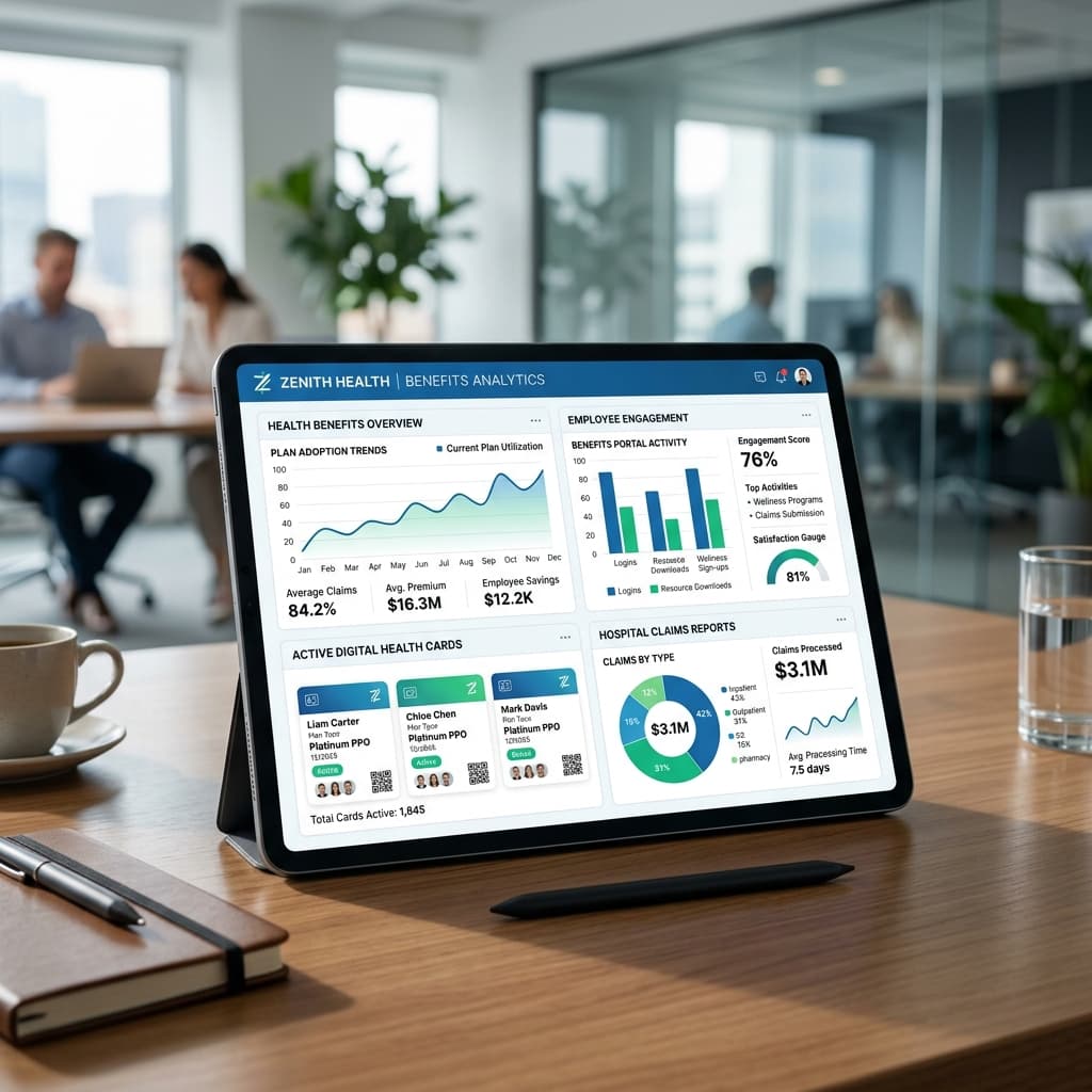 Interface premium do portal digital Harper Analytics exibida em um tablet