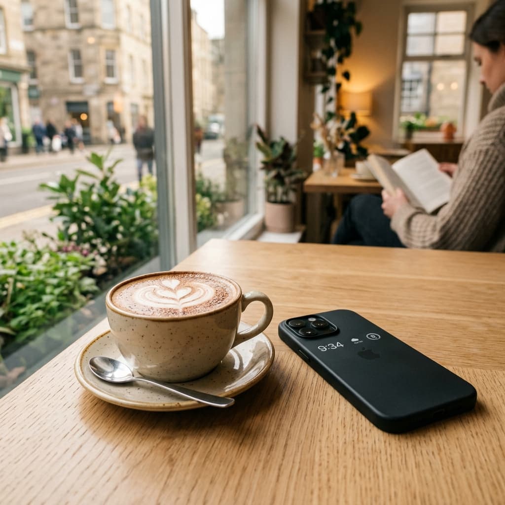 Smartphone de última geração em mesa de cafeteria moderna ao lado de xícara de cappuccino