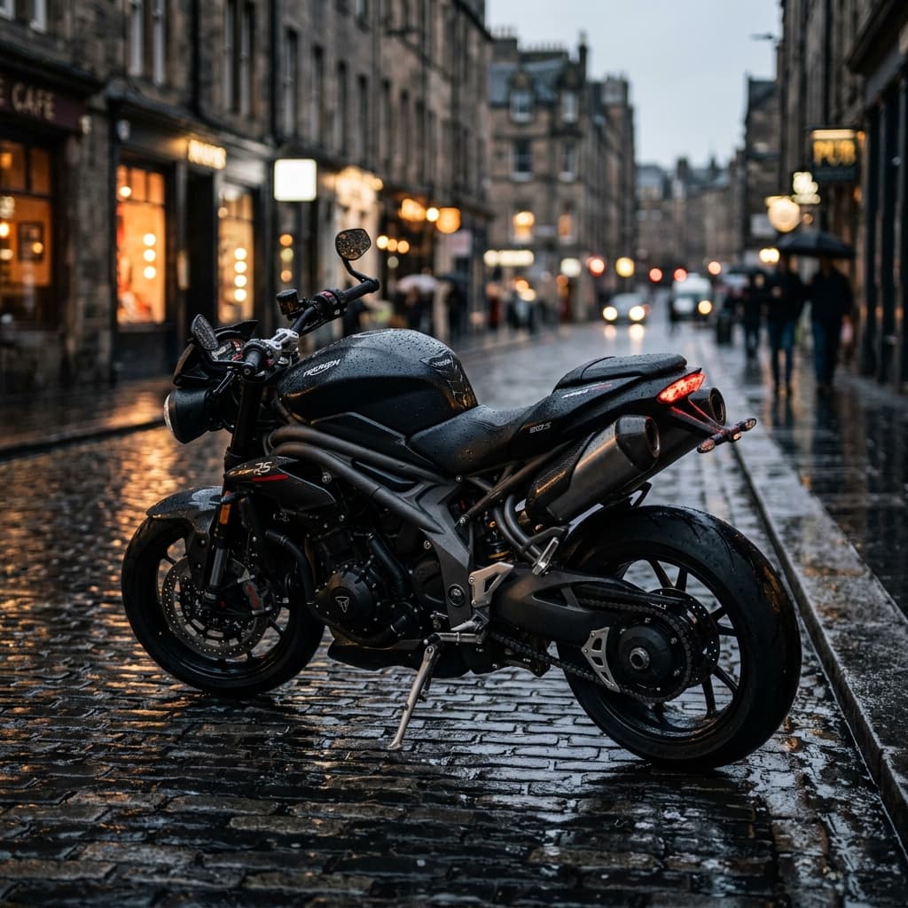 Motocicleta estacionada em via de paralelepípedos úmida ilustrando proteção em trânsito urbano